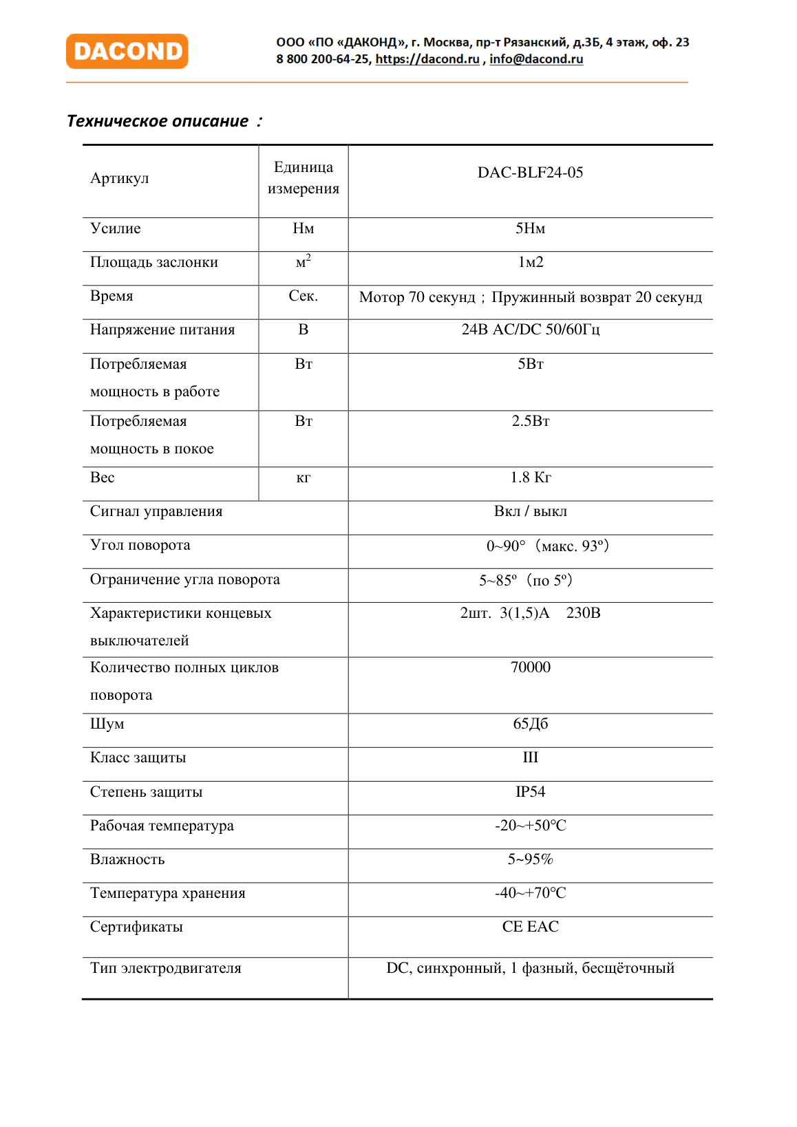 Противопожарный привод воздушной заслонки DAC-BLF24-03T